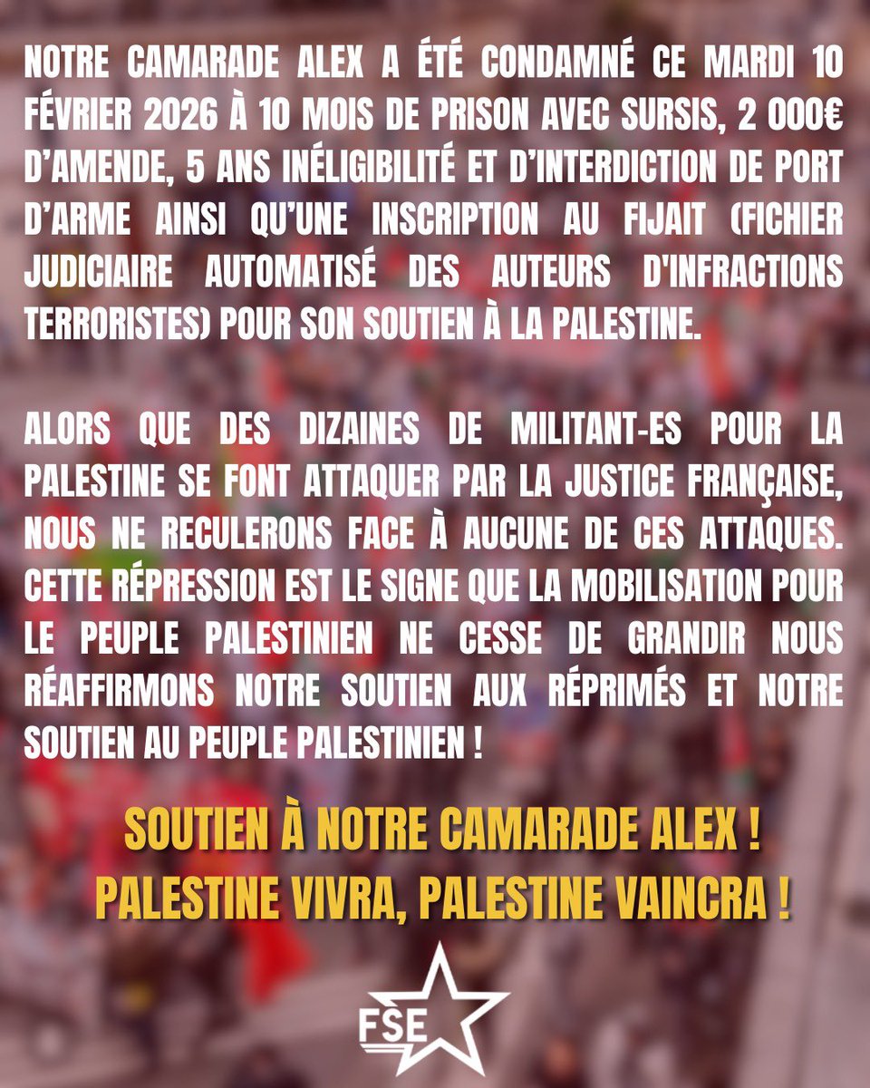 FSE_natio's tweet photo. 🇵🇸 SOUTIEN À NOTRE CAMARADE ALEX 

➡️ Notre camarade Alex a été condamné aujourd’hui pour son soutien à la Palestine. 

🔴 La justice réprime les soutiens à la Palestine, parce que la mobilisation qui ne cesse de grossir lui fait peur ! 

🇵🇸 Palestine vivra, Palestine vaincra ! https://t.co/KTdWsgwMgC