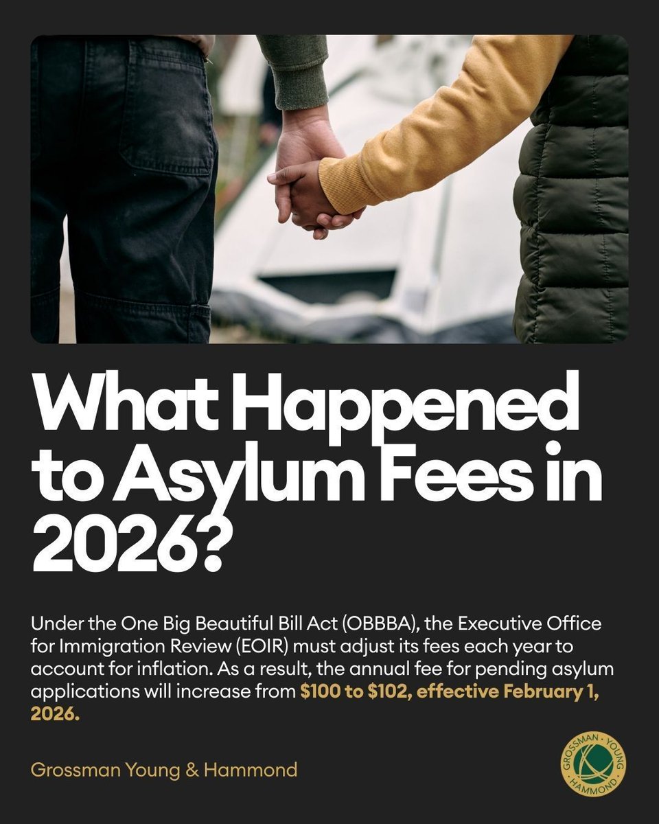 grossmanyoung's tweet image. Important asylum fee update: 

 📢 The annual fee for pending asylum applications increases to $102 starting February 1, 2026. 

Learn more at grossmanyoung.com/?post_type=blo… 

#AsylumUpdate #ImmigrationLaw #AsylumApplicants #EOIR #ImmigrationNews