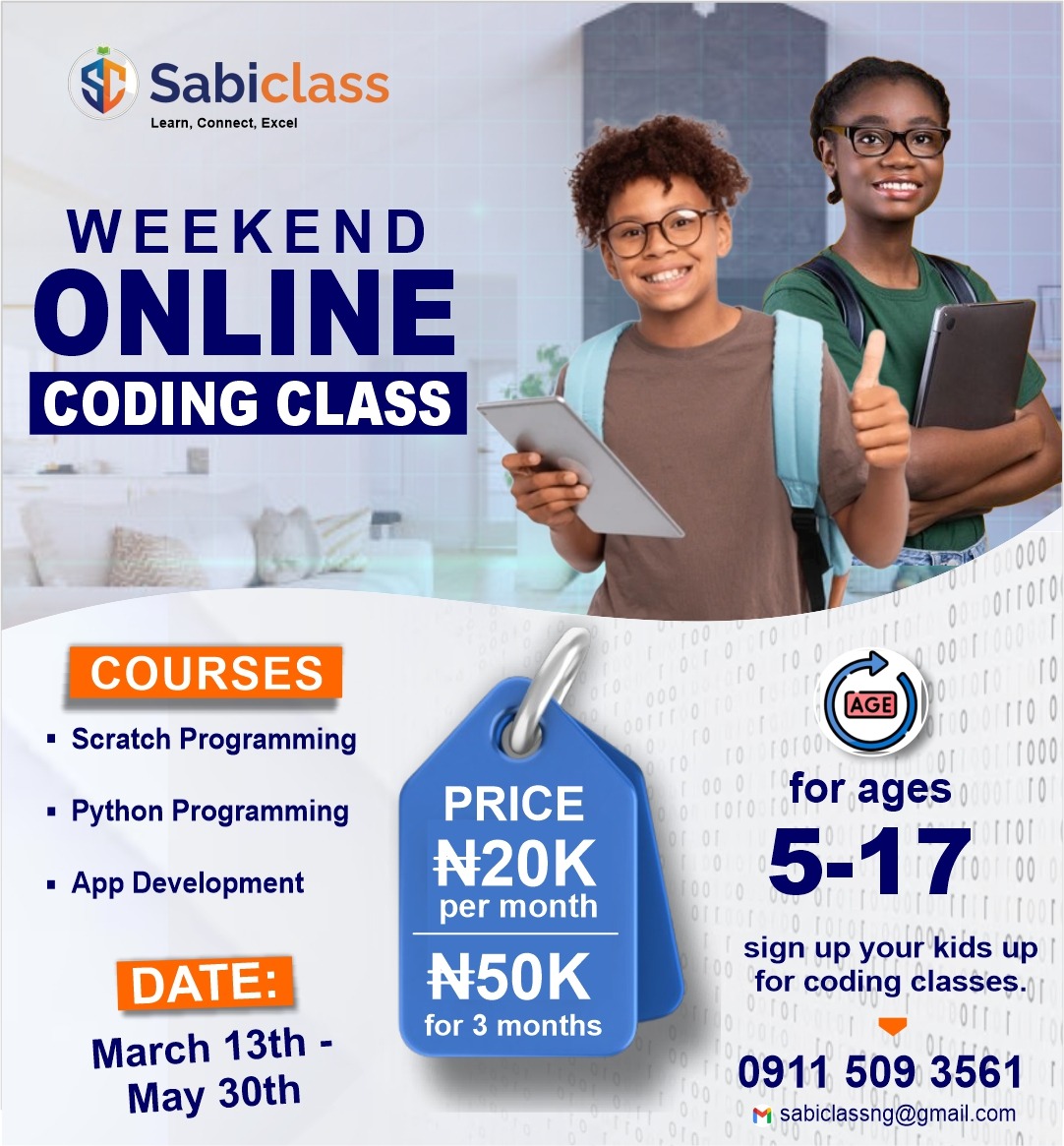 sabiclass's tweet image. Enjoy your weekends while growing, building confidence, and learning better.

WEEKEND ONLINE CLASSES ARE NOW OPEN
March 13th – 30th May 2026

DM or call/WhatsApp 09115093561 to start.

#WeekendLearning #OnlineClasses
#LearnWithConfidence #SmartKidsHub