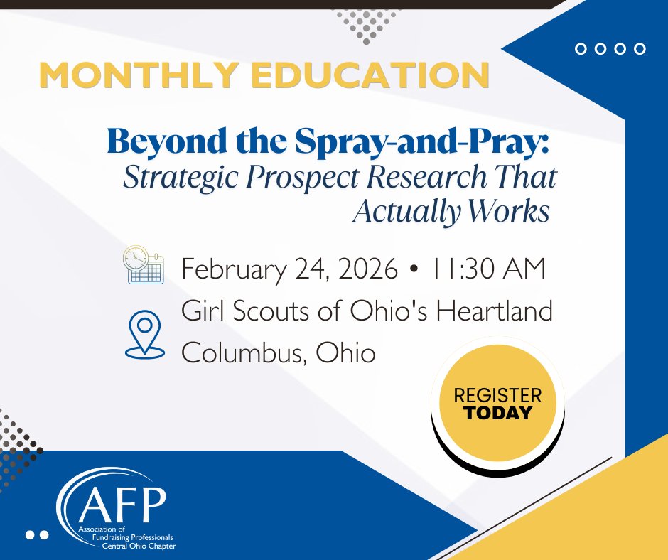 Approach prospect research &amp; grant development more strategically
📅 Feb 24, 2026 | 11:30 – 1:15
🎙️ Carolyn Caldwell
🎟️ $20 members | $35 guests
👉 Register ow.ly/CwiZ50Y96No
#NonprofitEducation #CentralOhioAFP