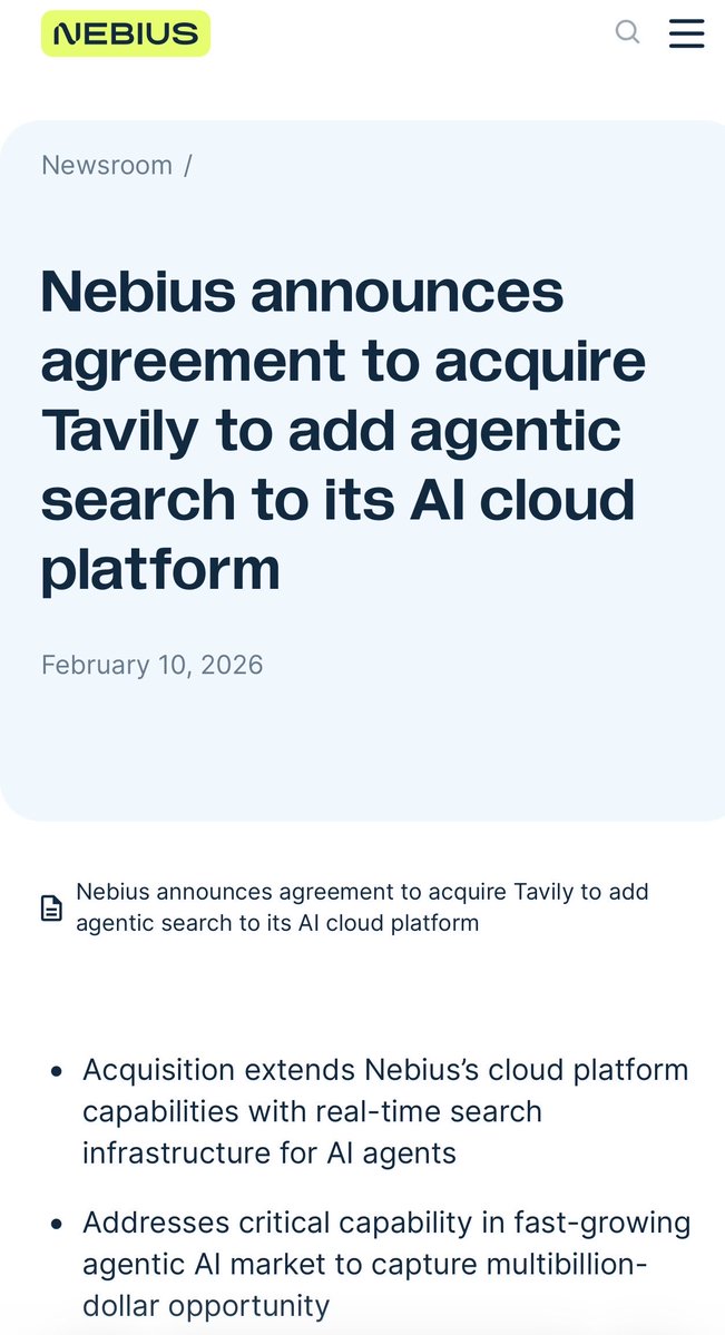 safeleaps's tweet image. $NBIS buying Tavily is a bet on agentic AI infrastructure.

Real-time search is a bottleneck for autonomous agents.

Solve that, and you’re not just a cloud provider anymore.