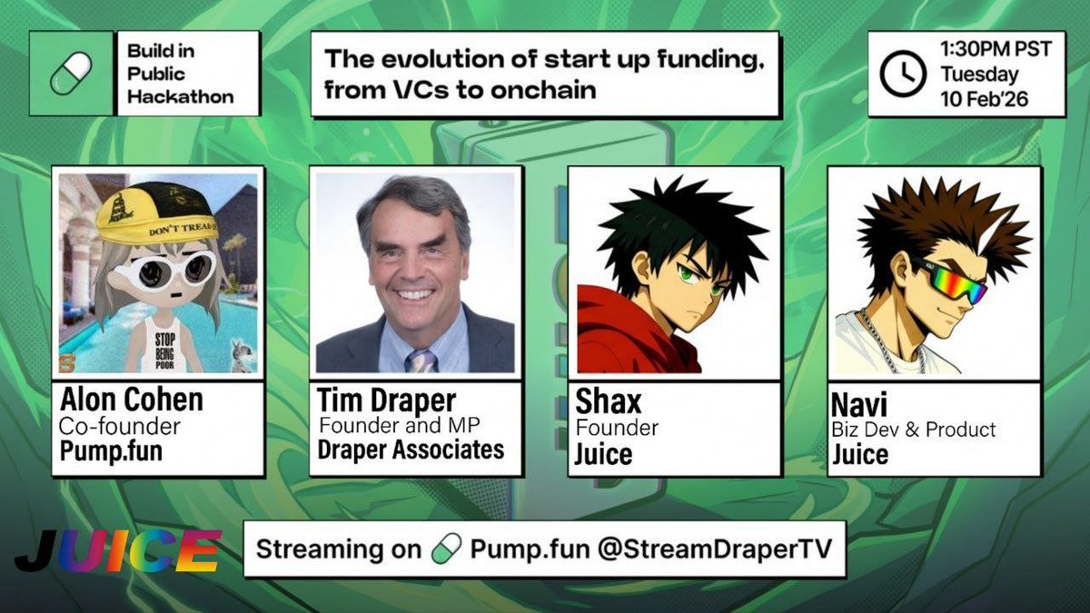 JuiceLaunch's tweet photo. Thrilled to be one of the teams invited to present @JuiceLaunch to @a1lon9 and @TimDraper today at 1:30 PM PST.

Tune in to watch @Shax_BTC and @Navi9000x pitch the protocol live on @StreamDraperTV.

The $JUICE will be worth the squeeze. https://t.co/e5sd98AIN1