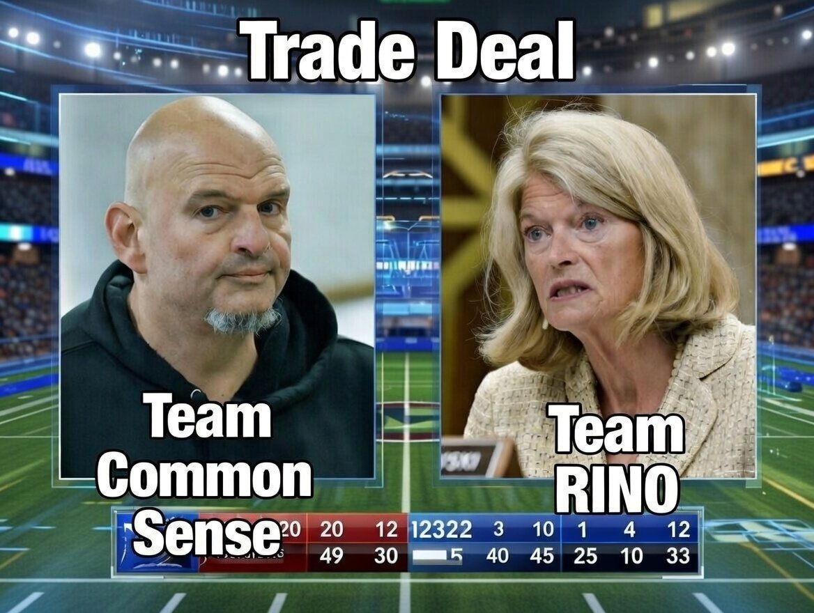 PlanetOfMemes's tweet image. Can we make this trade happen?

John "Common Sense" Fetterman for Lisa "the RINO" Murkowski?