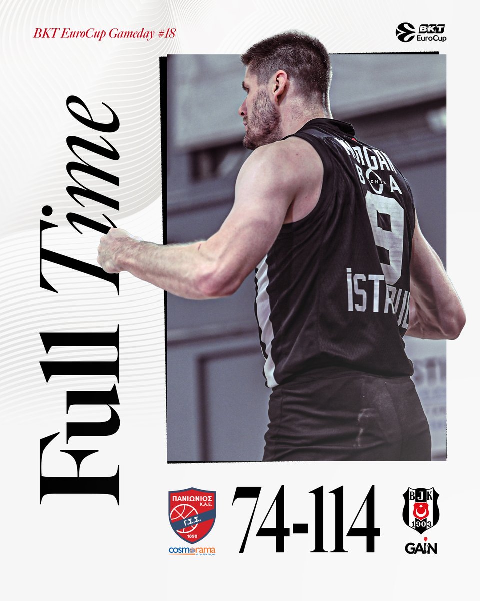 BKT EuroCup’ta çeyrek finale yükseldiğimiz B Grubu’ndaki son maçımızı farklı galibiyetle tamamlıyoruz! 💪

Panionios Athens 74-114 Beşiktaş GAİN | Maç Sonucu

#TheBlackEagleRises 🦅