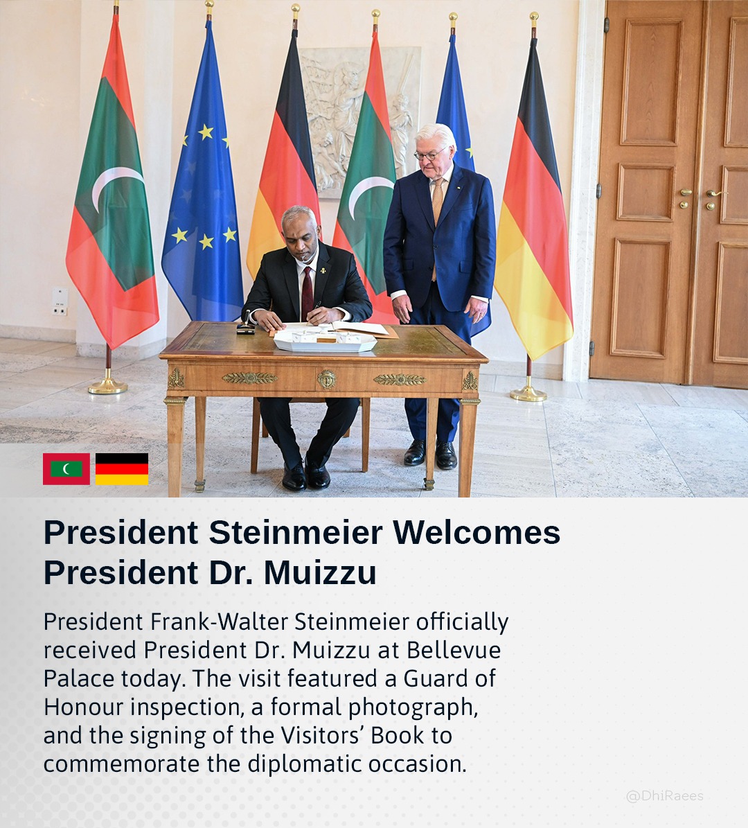 President Steinmeier Welcomes President Dr. <a href="/MMuizzu/">Dr Mohamed Muizzu</a>
🇲🇻🇩🇪
#MaldivesGermany