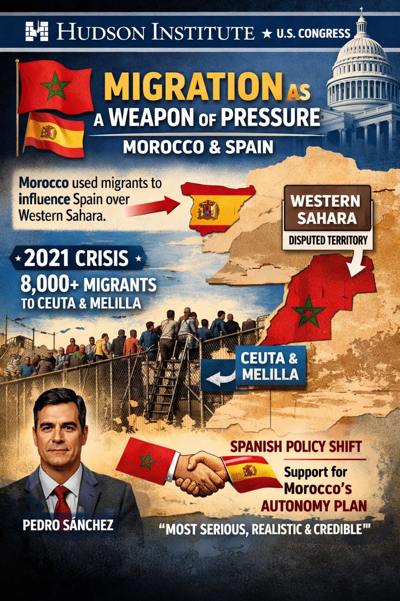 🔖🇲🇦🇺🇸🇪🇸 | معهد هدسون أمام لجنة الشؤون الخارجية في #الكونغرس الأمريكي (10 فبراير 2026):

اعتبر معهد هدسون للدراسات في بحث قدمه أمام الكونغرس الأمريكي تحت عنوان “الهجرة المُسَيَّسة كسلاح” وتأثيرها الأمني على أوروبا والولايات المتحدة أن المغرب استخدم تدفقات المهاجرين كوسيلة ضغط