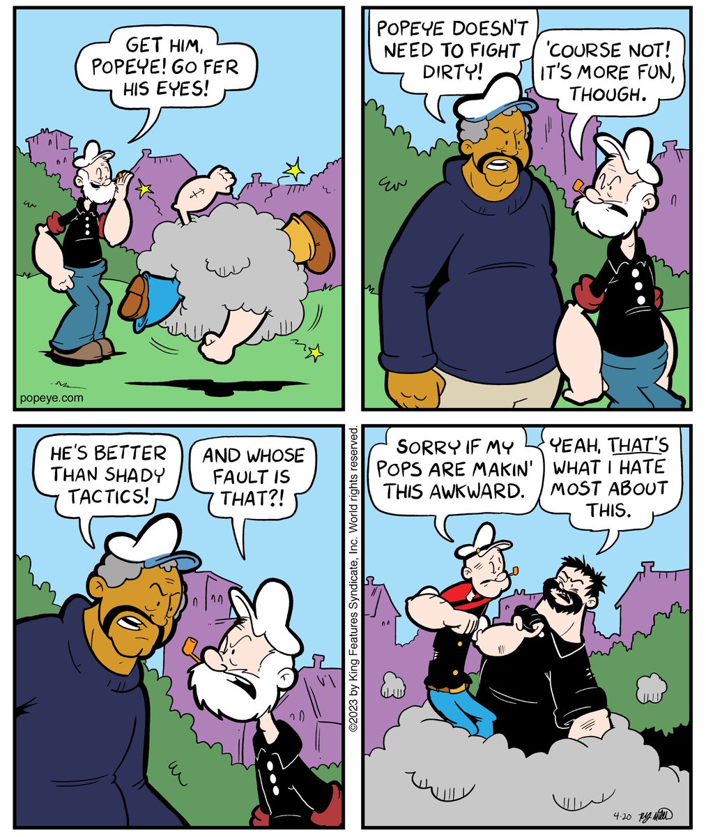 popeyetweetsk's tweet image. Aw quit cheerin’, Pappy! I’m tryin’ to fight respectable… sorta 😳💪

#PoopdeckPappy #PopeyevsBrutus #PopeyeComics
