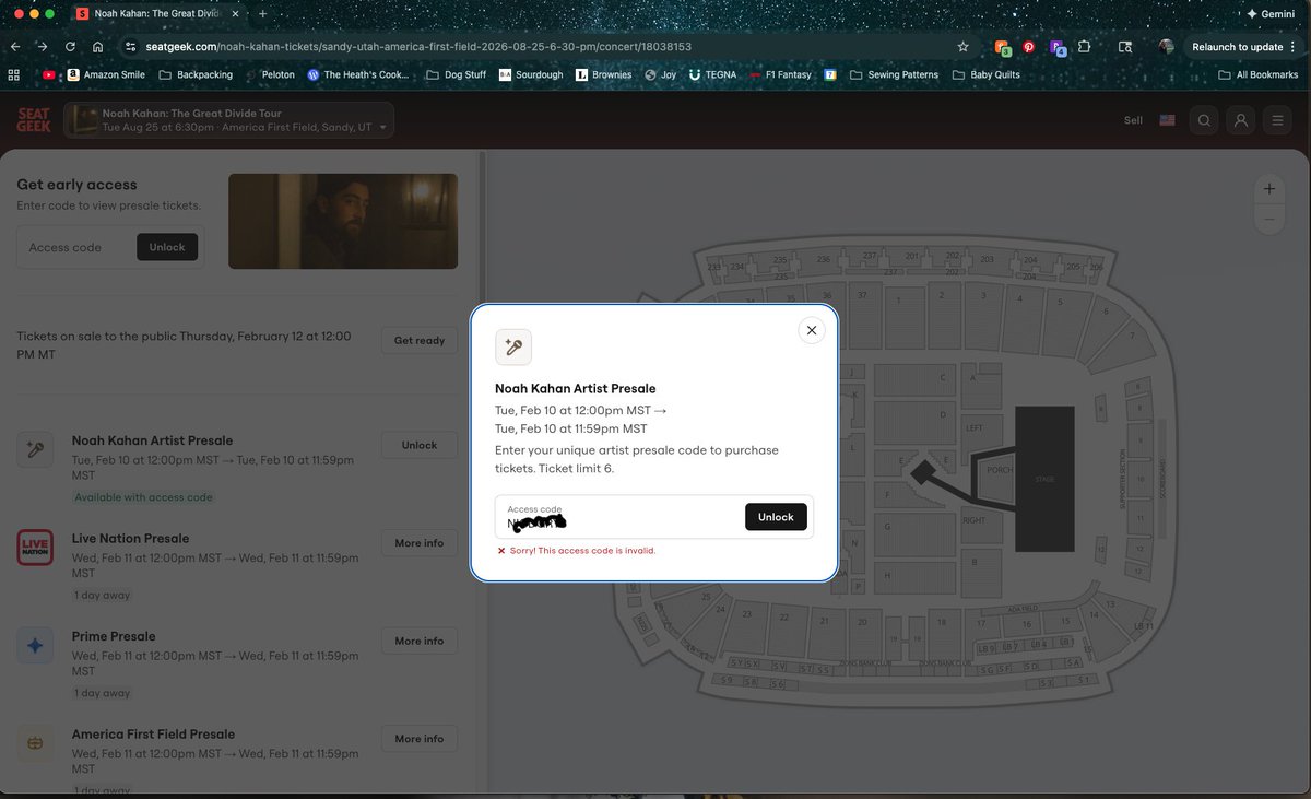 AllyLHeath's tweet photo. hey @SeatGeek or @SeatGeekHelp why is no one's access code for the @KahanHQ Salt Lake presale working? please help https://t.co/pVVqESPsI2