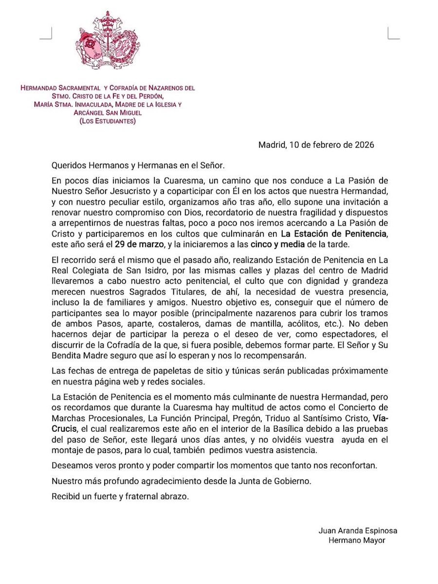 ⚫️ CARTA DEL HERMANO MAYOR ⚫️

Un año más nuestro Hermano Mayor nos envía su carta de carácter cuaresmal de este 2026.

Carta disponible en la página web: 
losestudiantes.org

#EstudiantesMadrid