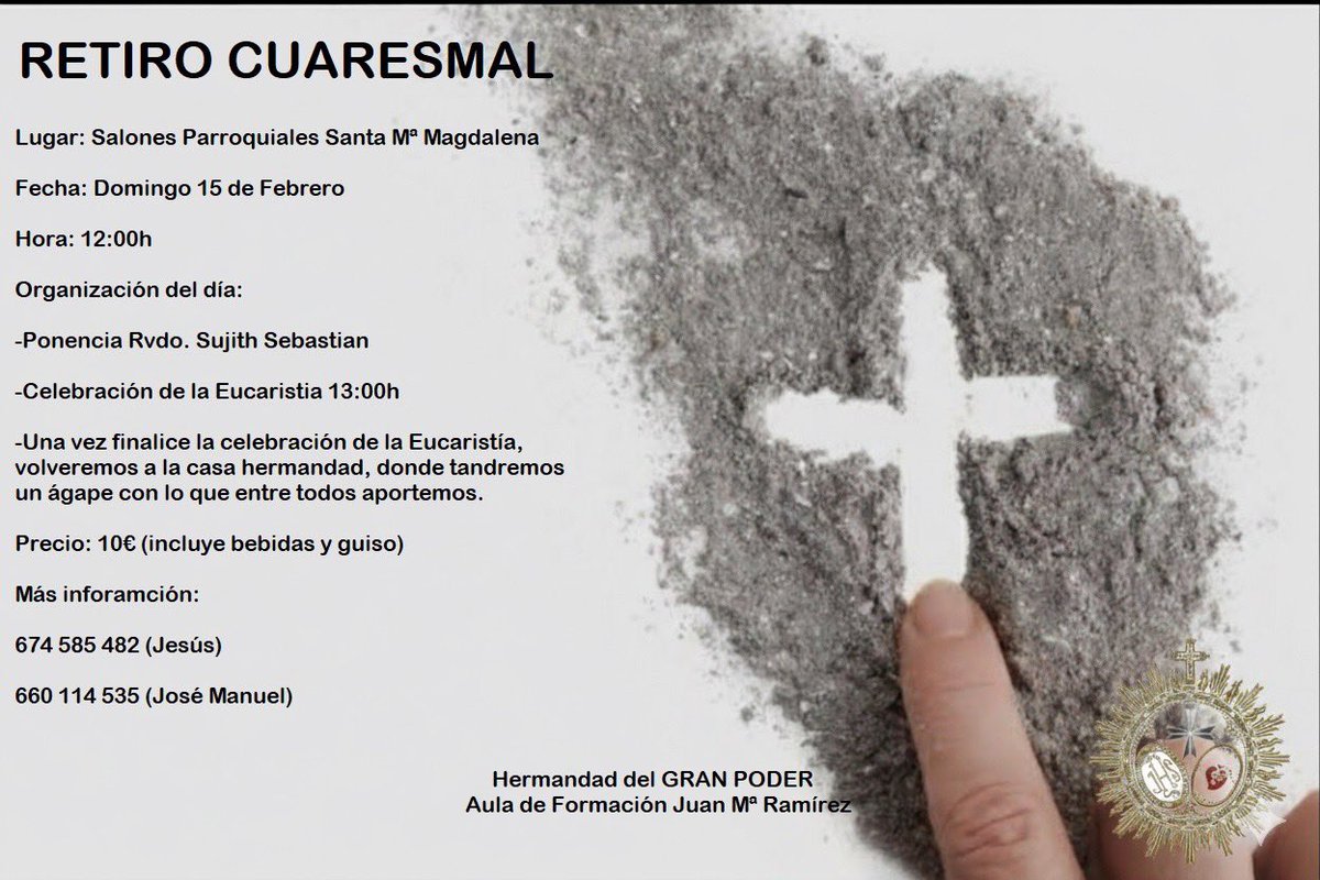 Retiro Cuaresmal

El próximo domingo 15 de Febrero celebremos el retiro cuaresmal en los Salones Parroquiales de Santa Mª Magdalena 

Hora: 12:00h 
Precio: 10€ (incluye bebidas del almuerzo y guiso)
