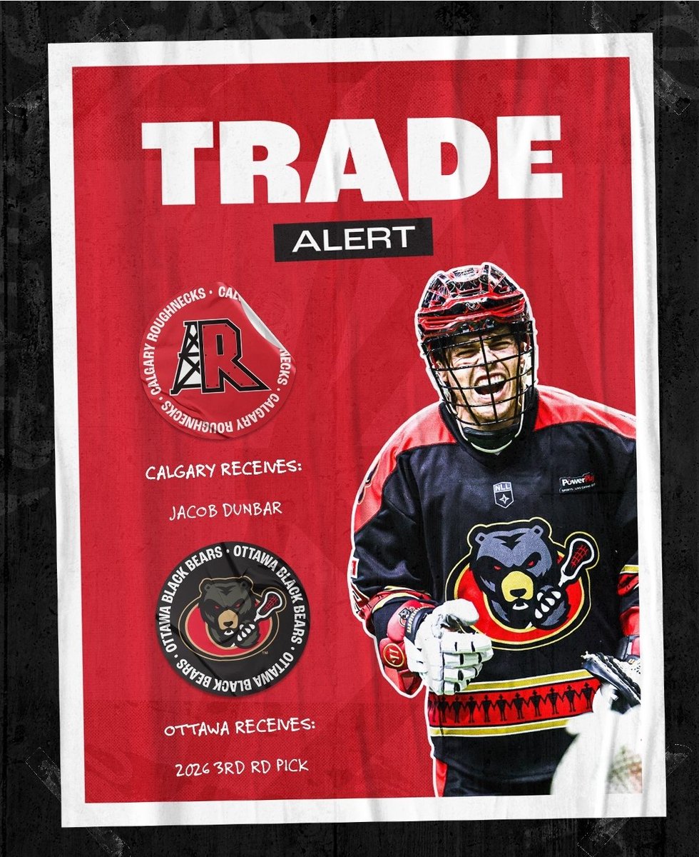 The <a href="/ottblackbears/">Ottawa Black Bears</a> and <a href="/NLLRoughnecks/">Calgary Roughnecks</a> have made a trade today in the <a href="/NLL/">NLL</a>.

Calgary receives Jacob Dunbar 
Ottawa receives a 3rd round pick in the 2026 entry draft. 

#NLL #Lacrosse #BlackBears #Roughnecks