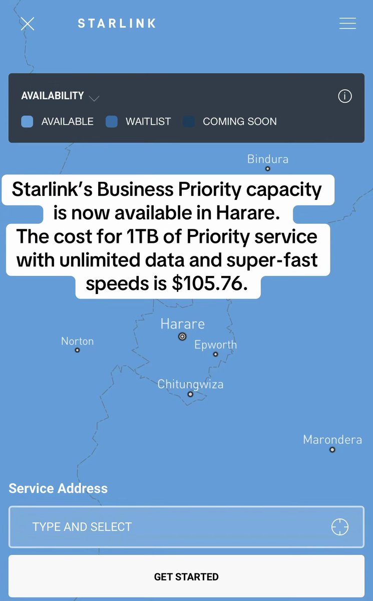 iteczi's tweet photo. Starlink’s Business Priority capacity is now available in Harare.
The cost for 1TB of Priority service with unlimited data and super-fast speeds is $105.76.

#starlink #intallation #harare https://t.co/9Q6gS4iUjI