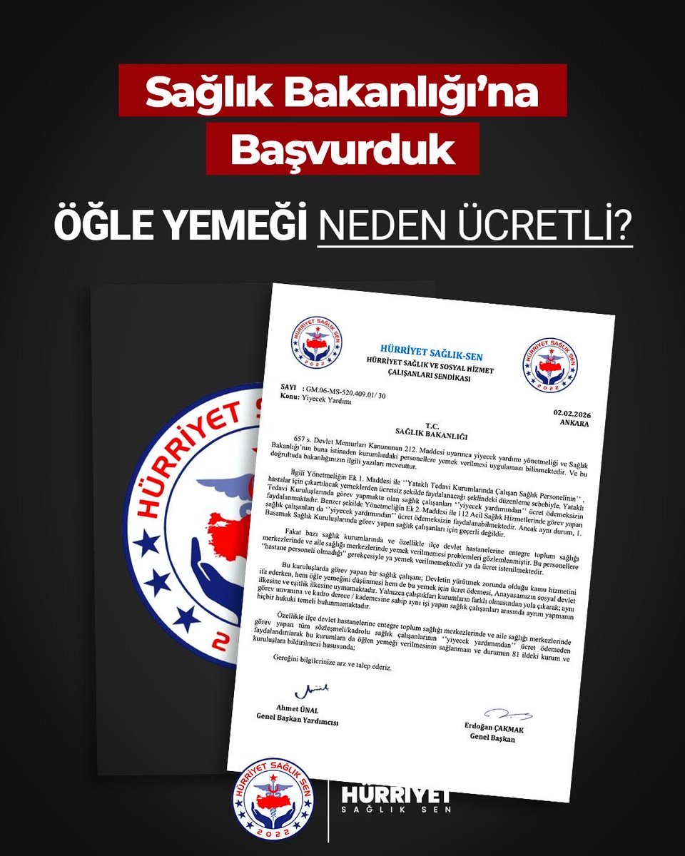 Aynı okuldan mezun oldular, aynı işi yapıyorlar, aynı devlete hizmet ediyorlar... Ama biri yemeğini ücretsiz yerken diğeri ücret ödüyor! 

Hürriyet Sağlık-Sen olarak Sağlık Bakanlığı’na resmi başvurumuzu yaptık! Anayasamızın eşitlik ve sosyal devlet ilkesine aykırı olan bu duruma
