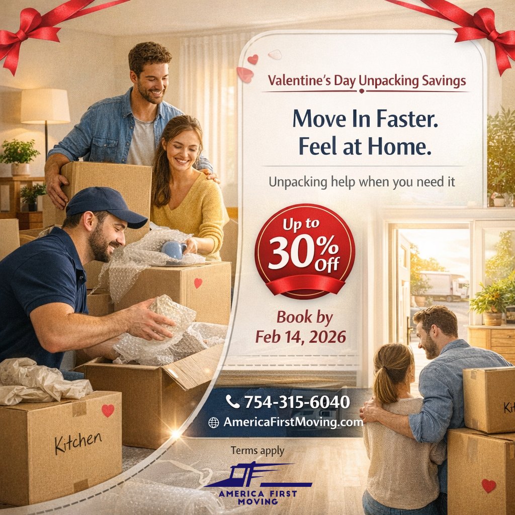 TheMovingServFL's tweet image. Boxes everywhere? Let’s fix that. 💙📦
 Unpacking help to cut stress + overwhelm.
 Up to 30% Off — Valentine’s Offer (Book by Feb 14, 2026)

📞 754-315-6040 | AmericaFirstMoving.com 

#AmericaFirstMoving #UnpackingHelp #ValentinesOffer