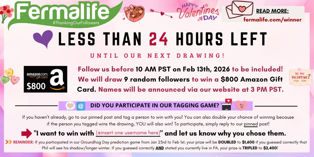 ⌛♥️24 HOURS LEFT until our next #ThankingOurFollowers celebrating #ValentinesDay2026! 9 random followers will win a $800 #AmazonGiftCard! Did you participate in our tagging game yet? Reply to our *pinned* post! It's your last chance to DOUBLE your chance of winning! 💐✨