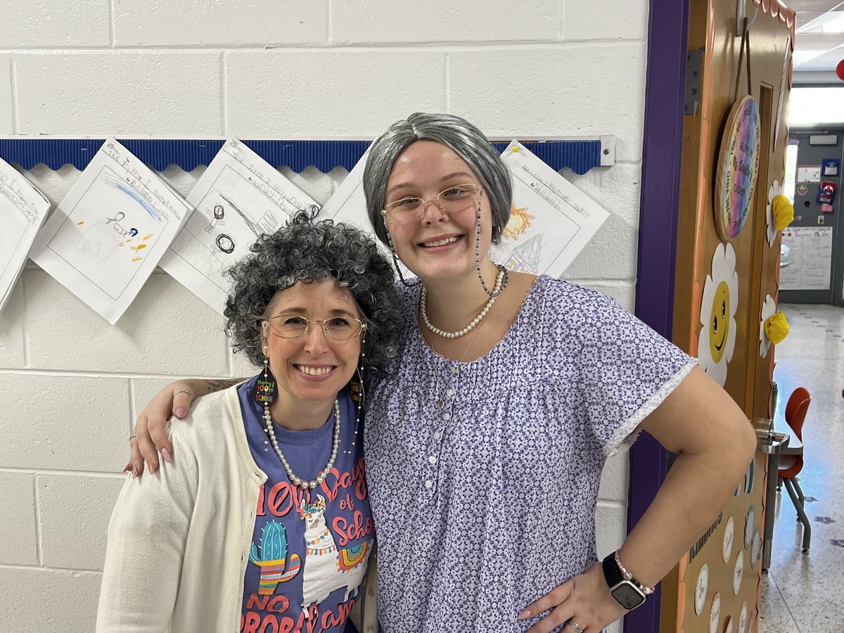 WoodchuckWorld's tweet photo. Happy 100th Day of School at Woodstock Elementary! 🪵📚100 days wiser! 💯 Happy 100th Day to our Woodstock Elementary family. Ms. Kerrigan and Ms. Chandler are celebrating in style! How many of the 100 hidden Woodchucks did you find today? 🪵👀 #100DaysOfSchool 
#WoodstockProud https://t.co/rzcKLBmn8f