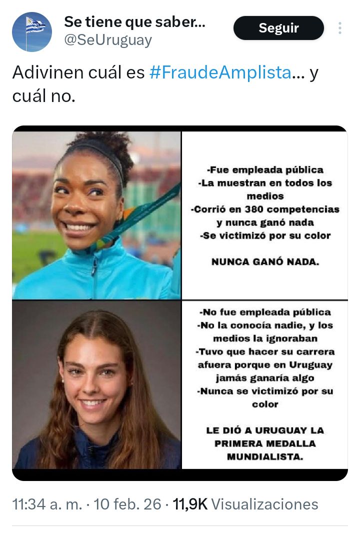 ESTO RS COMPLETAMENTE FALSO!
Publican desde el fanatismo,  la ignorancia cuando no; de la malicia!
Debora ha ganado oro y plata y ha representado a Uruguay en distintas competencias mundiales, juegos panamericanos y sudamericanos!
Mientras que Paternain es maratonista de bronce