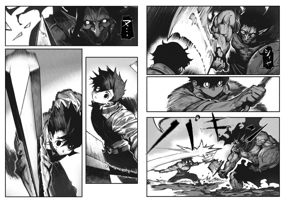戦闘シーンのネームと完成。ネームから完成まで描くのがずっと楽しかったシーン。
斧2丁でどう剣を壊したのかをもう少し細かく描画したかったけど、流れが悪かったので消しちまった。 