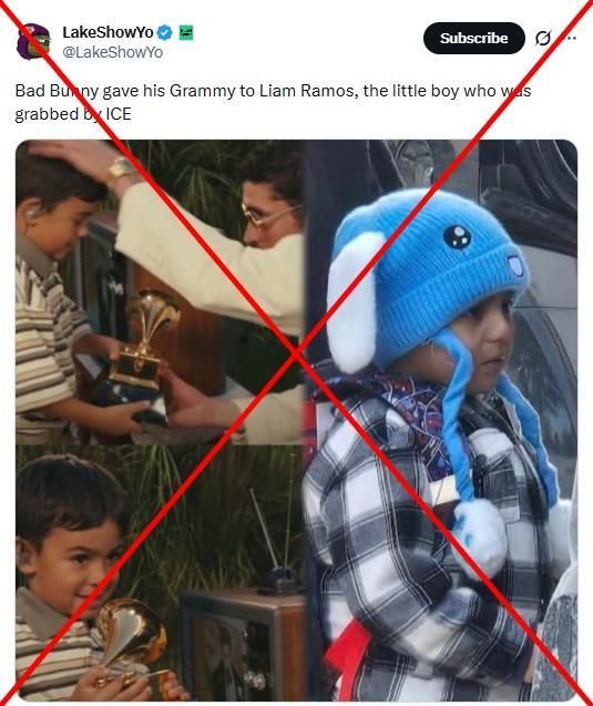 Bad Bunny presented what appeared to be his Grammy award to a young boy during his Super Bowl halftime show, but claims the child was Liam Ramos, a 5-year-old Minnesota resident detained the month prior by US Immigration and Customs Enforcement are false u.afp.com/S2jm