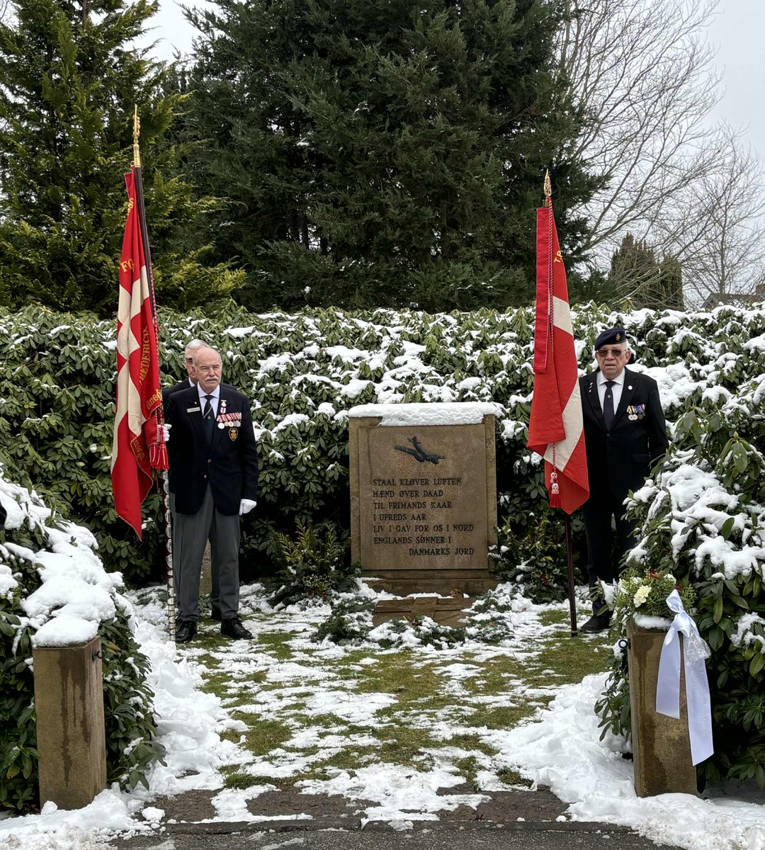 On the anniversary of the tragic crash of RAF 138 Squadron Stirling LK279, 10th February 1945, the crew are honoured and remembered in a solemn graveside Ceremony. Held at Christianskirke Churchyard this is organised by the Danish Defence Brotherhood of Fredericia, Denmark
