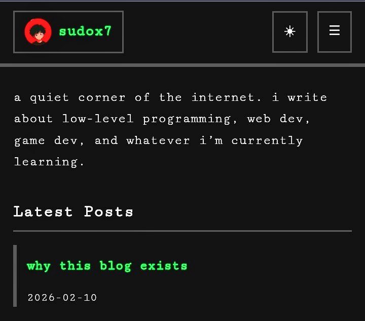 i finally put my personal blog live.
this is where i’ll write about what i’m learning and building.

if you check it out, feedback would mean a lot.
sudox7.netlify.app