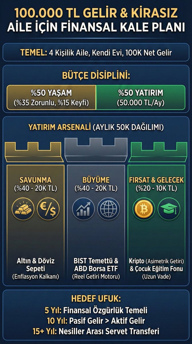 ExcelTeknik's tweet photo. Ayda 100.000 TL eve giriyor ve kira derdiniz yok. Tebrikler, finansal özgürlük oyununa 2-0 önde başlıyorsunuz.
​Ama beni iyi dinleyin: Bu avantajı kullanmazsanız, enflasyon canavarı o 100K'yı kemirir, size sadece "geçinme" illüzyonu kalır.
​20 yıllık piyasa tecrübeme dayanarak söylüyorum; zenginlik ne kadar kazandığınızla değil, ne kadarını içeride tutabildiğinizle ilgilidir.
​Kendi evinde oturan, 4 kişilik bir aile için "Finansal Kale" stratejisini çizdim. Bu bir temenni değil, bir savaş planıdır.
​Bu plandaki disiplin:
Gelirin yarısı (%50) yaşama gider, diğer yarısı (%50) geleceği inşa eder. Bu konuda pazarlık yok.
​Stratejinin Özü (Görseldeki Dağılım):
​🛡️ SAVUNMA (%40): Önce paranı koru. Altın ve döviz bazlı varlıklar, TL'deki erimelere karşı kalkanındır.
🚀 BÜYÜME (%40): Reel getiri için risk al. BIST'in temettü devleri ve S&P 500 gibi küresel endeksler senin üretim bantlarındır.
⚡ FIRSAT & GELECEK (%20): Asimetrik getiri için küçük bir miktar (Kripto) ve çocukların geleceği için dokunulmaz fonlar.
​Bu görseli telefonunuza kaydedin, çıktısını alın, buzdolabına asın. Bu sizin finansal anayasanızdır.
​Unutmayın, piyasa sabırsızların parasını sabırlılara aktarır. Kalede kalın.
​Sizin hanenizin tasarruf oranı yüzde kaç? Yorumlarda tartışalım. 👇 🔥

​Borsa Yatırım FinansalÖzgürlük Altın Bitcoin Tasarruf (YTD)
