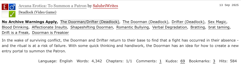 To celebrate my return to Deadlock I decided to revisit and update this freaky DriftDoor fanfiction where they use *Tantric Mage* to complete the ritual. 
#deadlockfanart 
#DriftDoor
#doorman 
#drifter