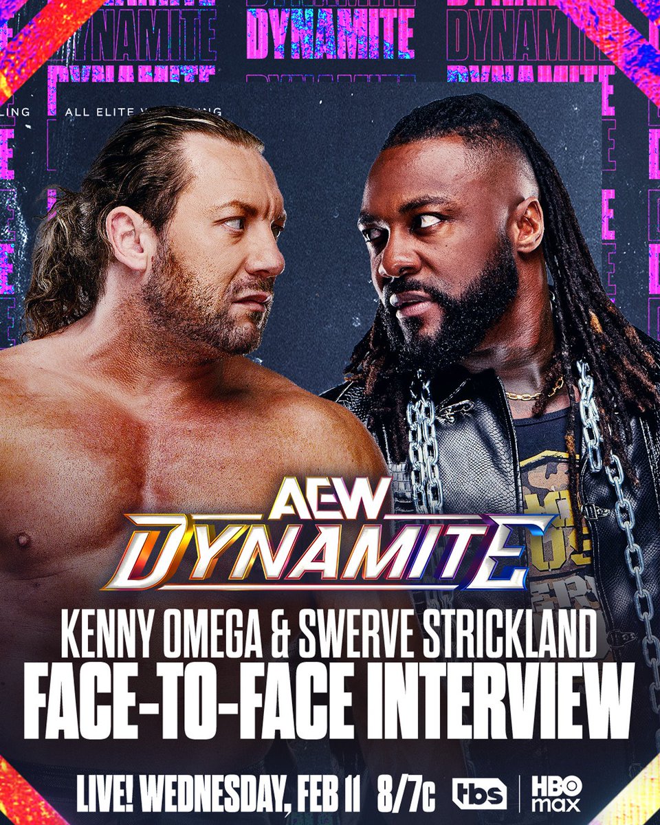 AEWonTV's tweet image. After tensions nearly boiling over last week, Kenny Omega and Swerve Strickland address one another face-to-face tomorrow night!

#AEWDynamite comes to you LIVE, Wednesday at 8/7c on TBS and HBO Max