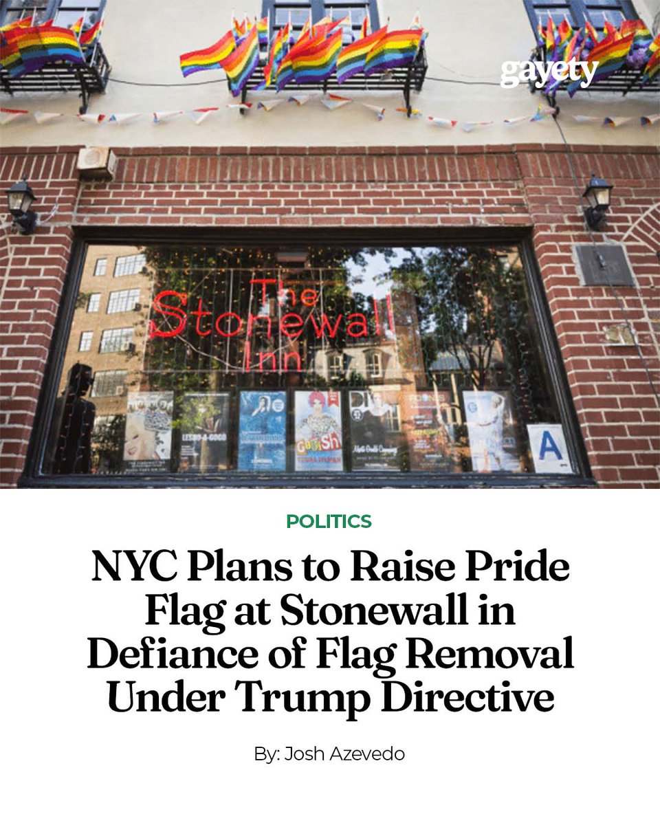 New York officials are raising the Pride flag at Stonewall, even after federal rules had it taken down. The birthplace of modern LGBTQ+ rights is pushing back.

🔗: gayety.com/nyc-pride-flag…
