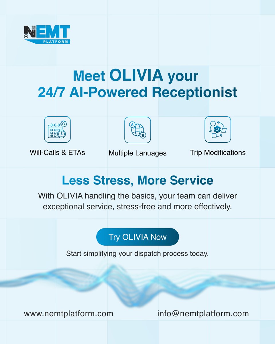 NemtPlatform's tweet photo. Meet OLIVIA: Your 24/7 AI-Powered Receptionist

Say goodbye to routine call handling and hello to smarter operations! 🚀

For more information or to book a demo:
https://t.co/fiNjieroyd
info@nemtplatform.com

#AI #Dispatch #NEMT #Efficiency #AutomatedSupport #nemtplatform https://t.co/mpXPSJm2t8