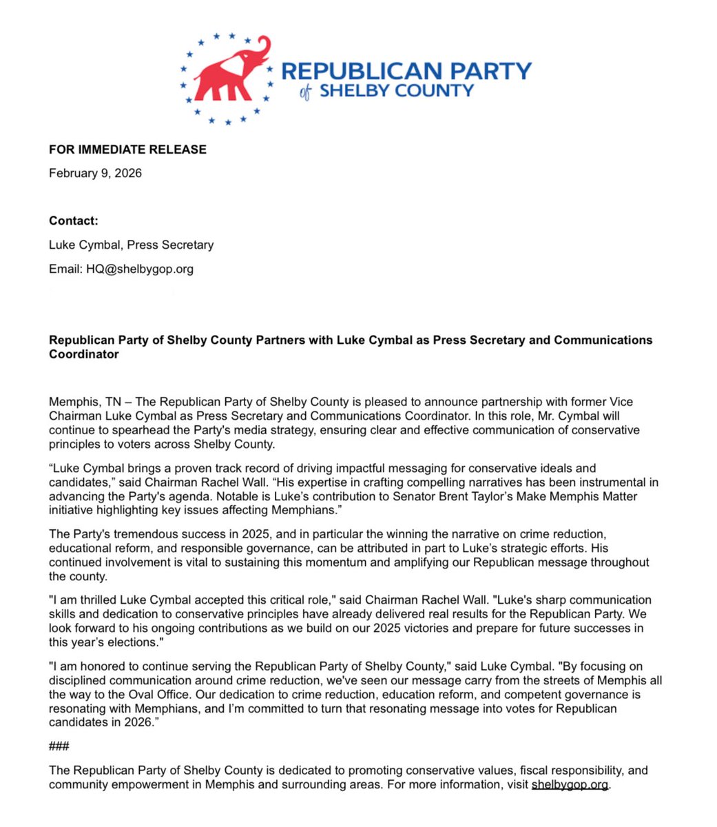 🚨FOR IMMEDIATE RELEASE: Republican Party of Shelby County Partners with Luke Cymbal as Press Secretary and Communications Coordinator
