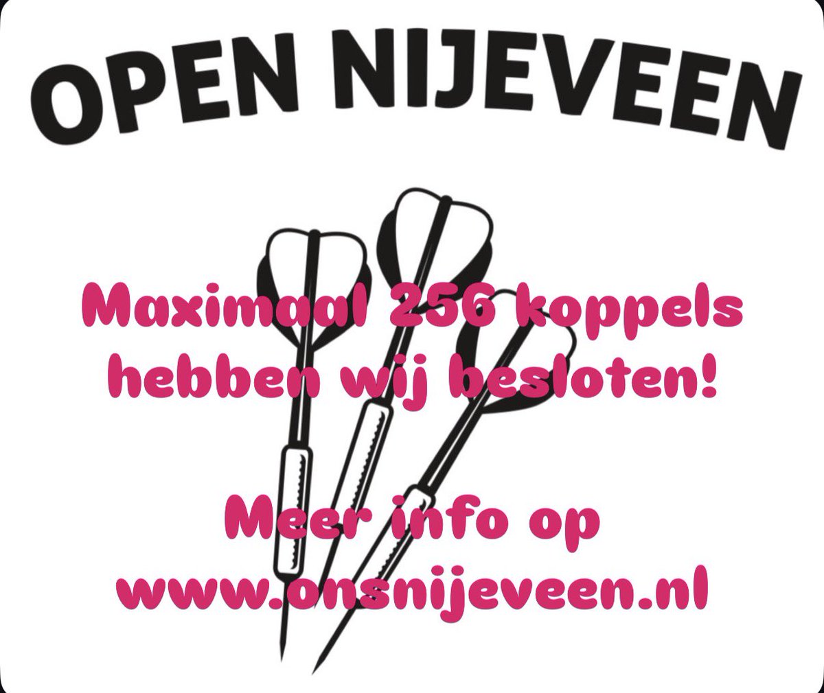 Als organisatie hebben wij besloten dat er maximaal 256 koppels mee kunnen doen! Wil je nog meespelen, geef je dan snel op en zorg dat je betaald voor 9 maart 12.00uur. Dat sluit de inschrijving! Tot 15 maart. Mvg. Organisatie Open Nijeveen
