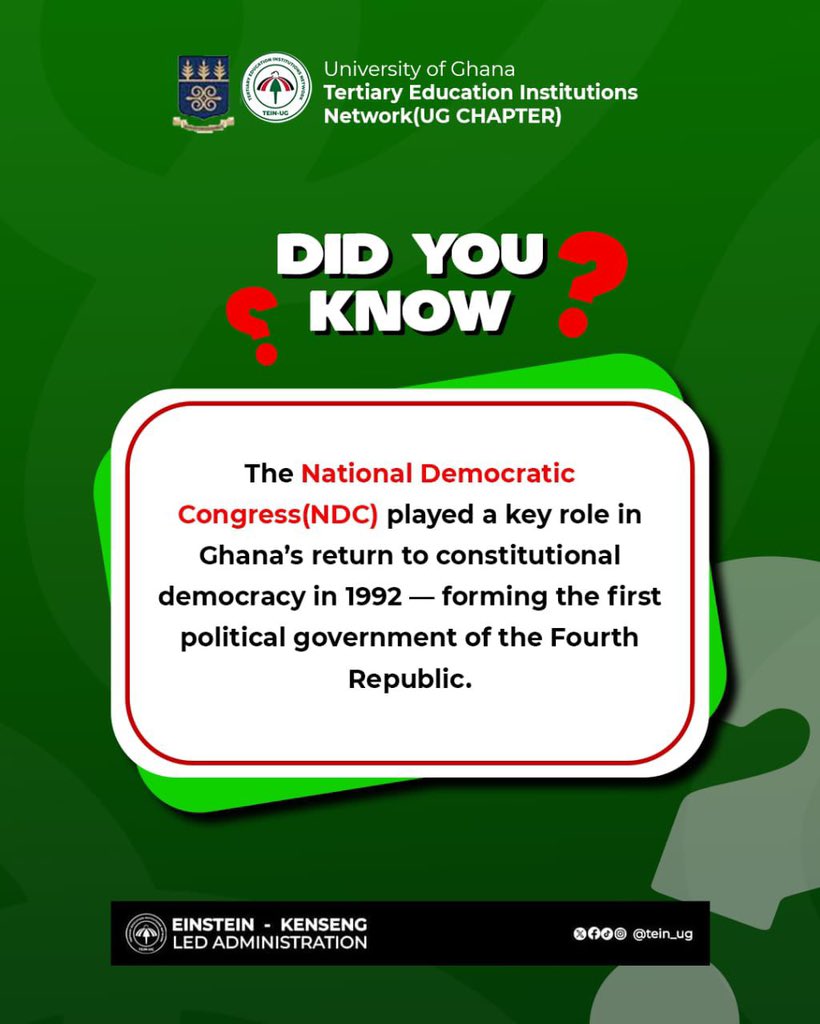 *🇰🇼 TEIN-UG UPDATES*
▬▬▬▬▬▬▬▬▬▬▬
DID YOU KNOW?
▬▬▬▬▬▬▬▬▬▬▬
In 1992, the NDC led Ghana back to constitutional rule, forming the first government of the Fourth Republic.
▬▬▬▬▬▬▬▬▬▬▬
*©️ EINSTEIN–KENSENG LED ADMINISTRATION*