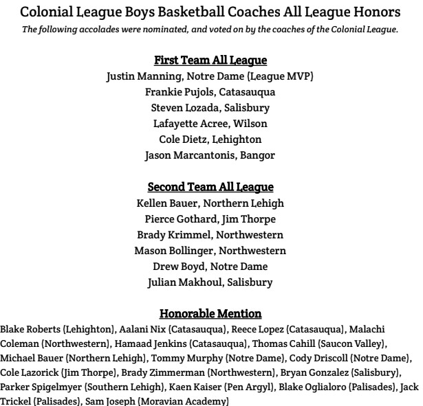 LASD_Basketball's tweet photo. Congratulations to the following members who were selected to the Colonial League Boys Basketball Coaches All-League Teams:

Cole Dietz (@coledietz1) - First Team
Blake Roberts (@__BlakeRoberts) - Honorable Mention https://t.co/PT6QBHiktx
