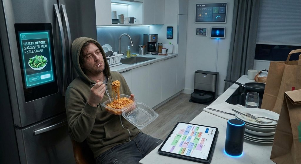 drivehaven's tweet photo. My AI assistant scheduled my entire week, and my fridge just sent me a health report.Yet, here I am, still standing in the kitchen eating cold pasta out of a container because I’m too overwhelmed to decide which "optimized" meal to cook. We are peak human right now. 🍝 https://t.co/GFos6GeHlR