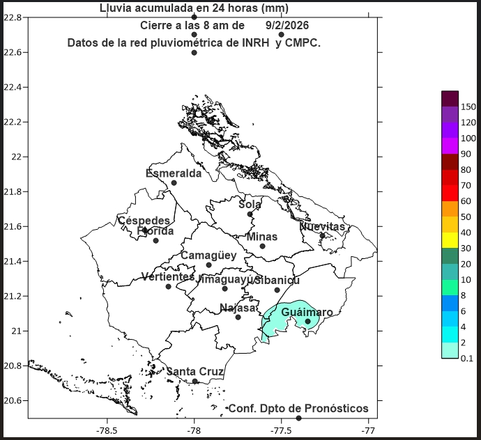 Comportamiento de las variables meteorológicas en las últimas 24 horas para la provincia de Camagüey y el mapa del acumulado de lluvia en 24 horas, según información del INRH.