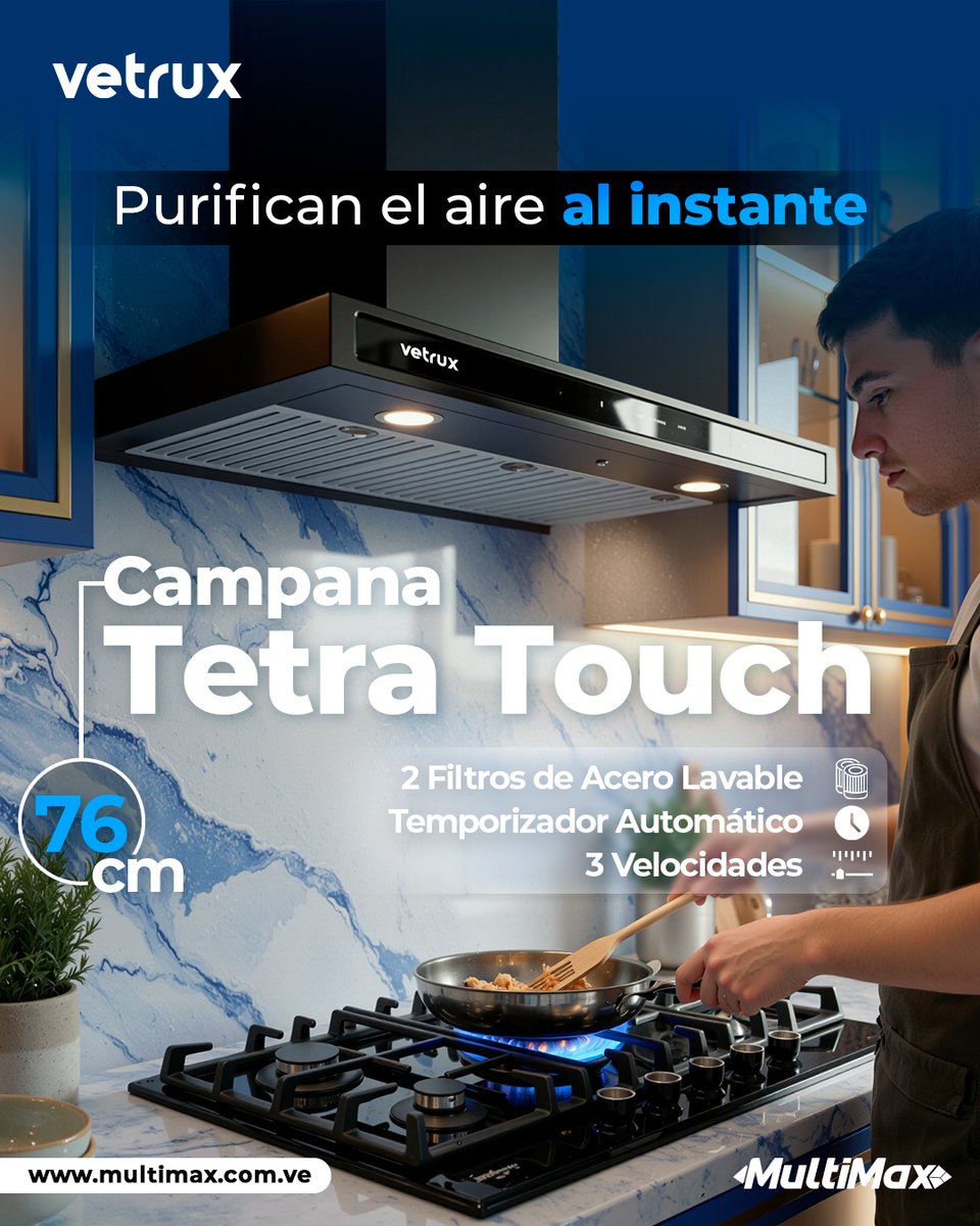 Con la Campana Tetra Touch de Vetrux, purificar el aire es cuestión de un instante.  

Diseñada para quienes aman cocinar sin preocupaciones, esta campana de 76 cm combina elegancia y potencia para mantener tu hogar siempre fresco.

 Descubre más en: multimax.com.ve 💙