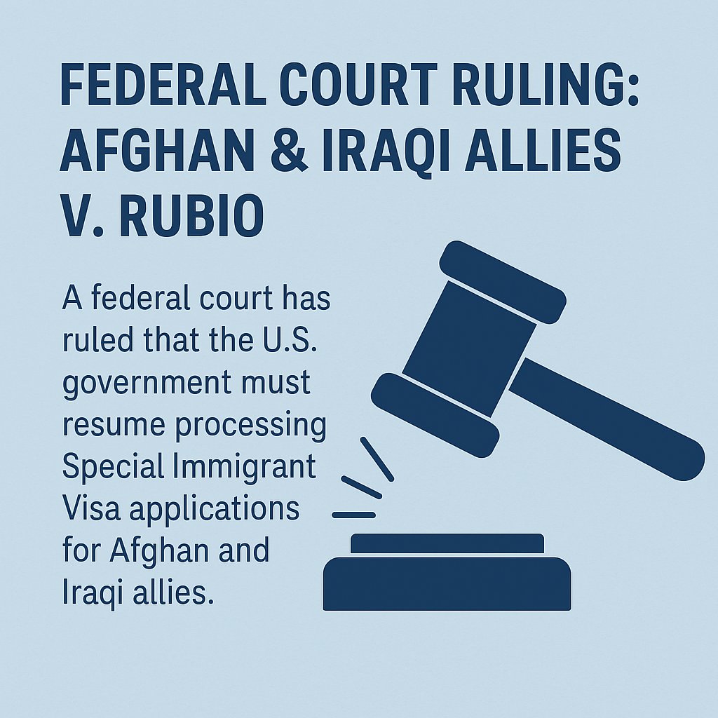 Federal Court Ruling: Afghan &amp; Iraqi Allies v. Rubio
We’re deeply grateful to <a href="/IRAP/">IRAP</a> for their tireless legal work on behalf of Afghan allies. Since 2018, they’ve led the fight against unlawful delays in Special Immigrant Visa (SIV) processing.

In December 2025, IRAP filed a