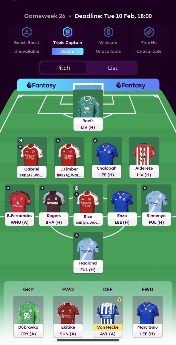 GW26🔒

Rolling

Triple captain active

Double Sunderland Defence against Liverpool!

🧢 Gabriel

🌎1.9M

#FPLCommunity #FPL
