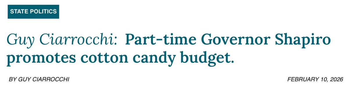 PAGOP's tweet photo. 🚨 Pennsylvania Needs a Full-Time Governor 🚨

While Josh Shapiro spends all of his time campaigning outside the Commonwealth, Pennsylvanians are left with a “cotton candy” budget: big promises and billions in ongoing deficits. 

Families facing rising costs deserve a budget focused on affordability and growth, not focused on political talking points and unrealized revenues that will lead to tax increases on working families.

Read more 📖: https://t.co/rjJn2MBlje

#PAGOP #PABudget #Leadership
