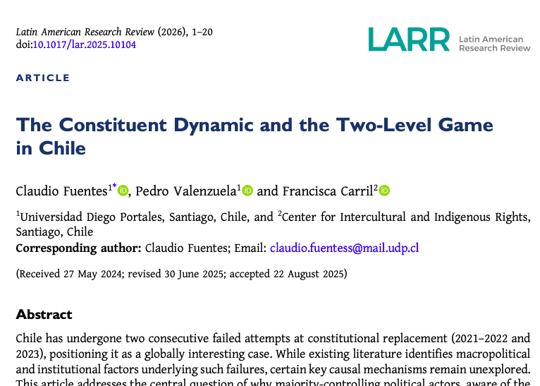 profeclaudio_cl's tweet photo. Check this out:  "The Constituent Dynamic and the Two Level Game in Chile" by Claudio Fuentes, Pedro Valenzuela and Francisca Carril. LARR, Latin American Research Review, 2026 @LARRLASA 
https://t.co/tozHTFp5dw https://t.co/Zit1NHjqXj