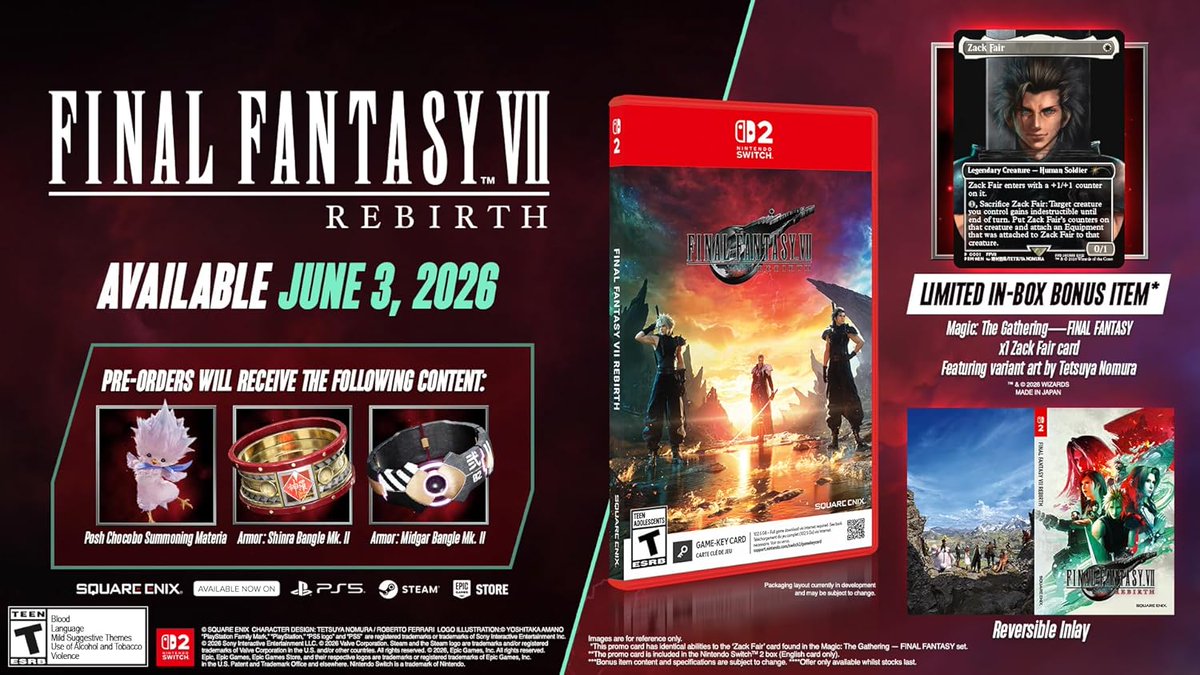 Final Fantasy VII Rebirth (Switch 2 KC + Exclusive MTG Final Fantasy Promo  Card) is up for pre-order at Walmart https://t.co/MraP3fKN8L #ad Amazon  https://t.co/5rVJMxiW0J VGP https://t.co/EOveXyNs2b PNP  https://t.co/XXyKenpjSf Best Buy https://t.co ...