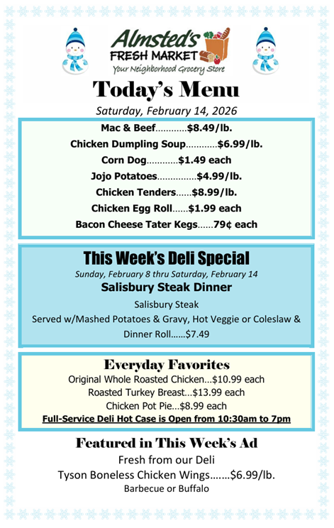 Don't have time to make dinner? Grab a roasted turkey breast, rotisserie chicken or chicken pot pie!

#deli #lunch #dinner #takeout 
#almstedsmarket #almsteds