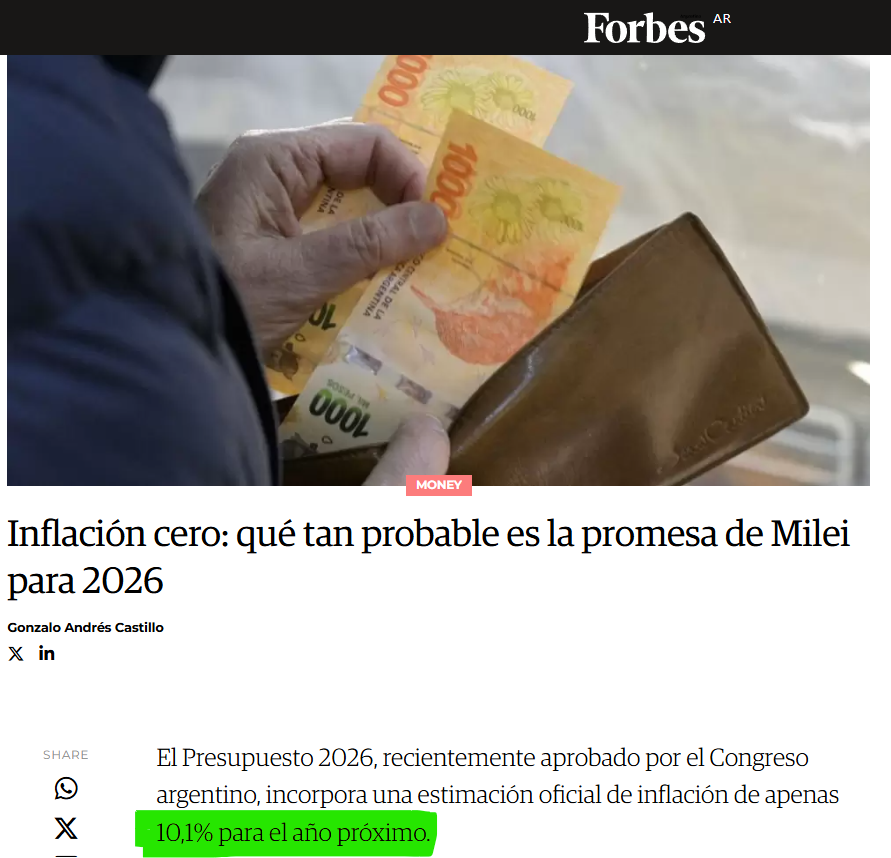 🚨MILEI YA FRACASÓ:

Con el 2,9% de inflación de enero, la promesa que hizo de una inflación anual de 10,1% parece más una joda que otra cosa.

Para que el acumulado anual cierre en 10,1%, la inflación promedio mensual de febrero a diciembre 2026 debería ser como máximo de 0,62%.