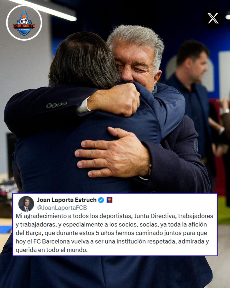 👋 Laporta se despide como presidente del FC Barcelona:

🙏 "Mi agradecimiento a todos los deportistas, Junta Directiva, trabajadores, socios, y a toda la afición".

💪🏼 "Hemos caminado juntos para volver a ser una institución respetada, admirada y querida en todo el mundo".