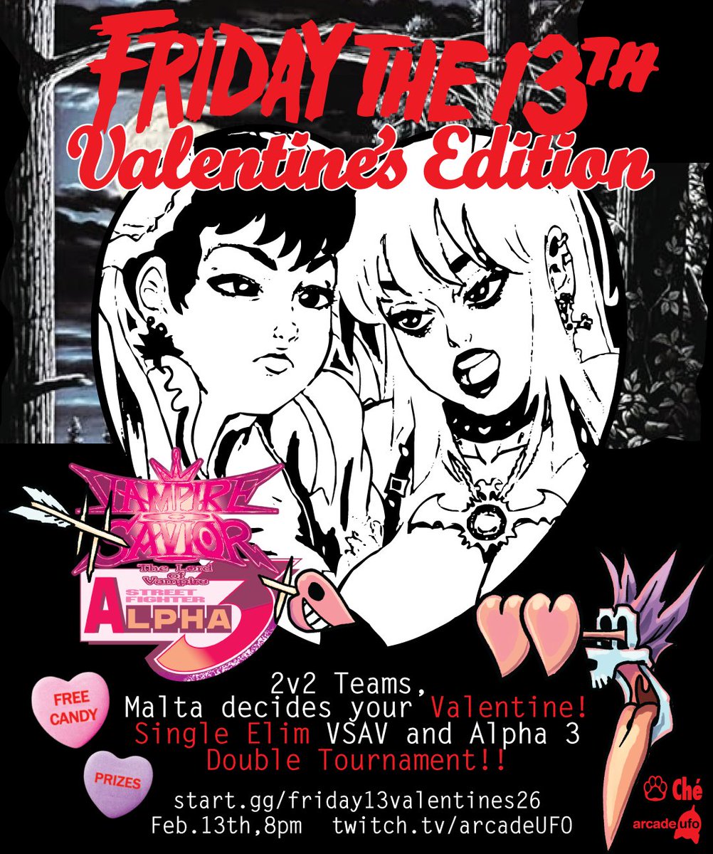 arcadeufo's tweet photo. Vampire Savior &amp; SFA3 single-elim RANDOM TEAM TOURNAMENT this Friday the 13th!
📅 2/13/2026
🕐 8PM tournament start, casuals before &amp; after
📋https://t.co/eTCZCowNHm https://t.co/H83fqMvWtu