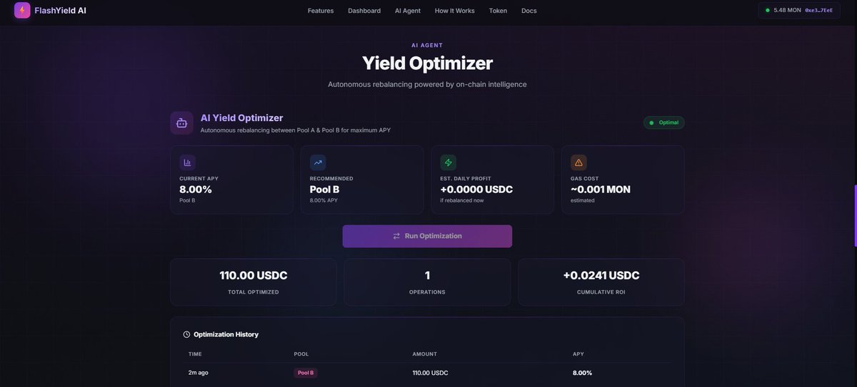 hey <a href="/monad_dev/">Monad Devs</a> team 👋  built FlashYield AI for the hackathon - an AI agent that auto-rebalances yield between liquidity pools  deployed &amp; tested on testnet, everything working: • vault managing 110 USDC • autonomous rebalancing live • 8% APY optimized  think I got a shot? 👀