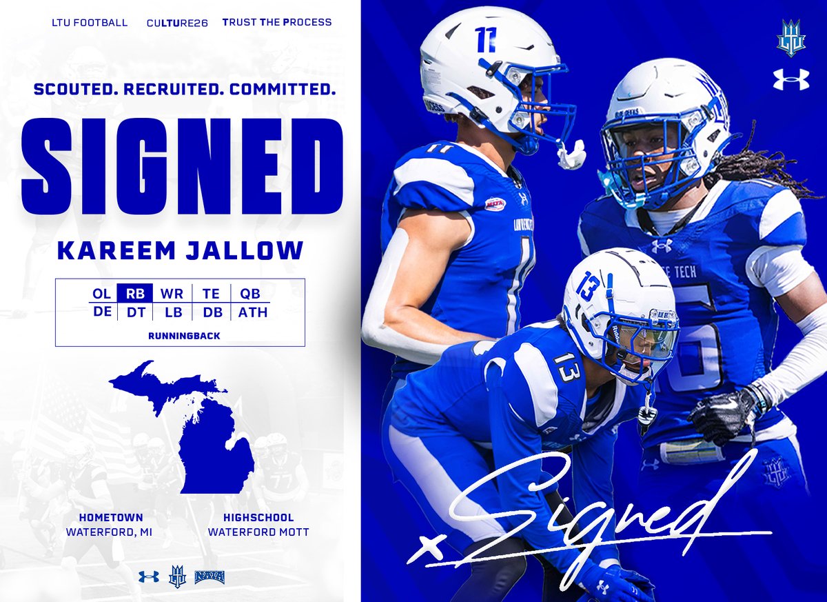 SIGNED 📝

Congratulations to Kareem Jallow, running-back from Waterford Mott High School! Welcome to the Blue Devil Family! 🔵 ⚪ 🔱

#LTUFootball #TrustTheProcess