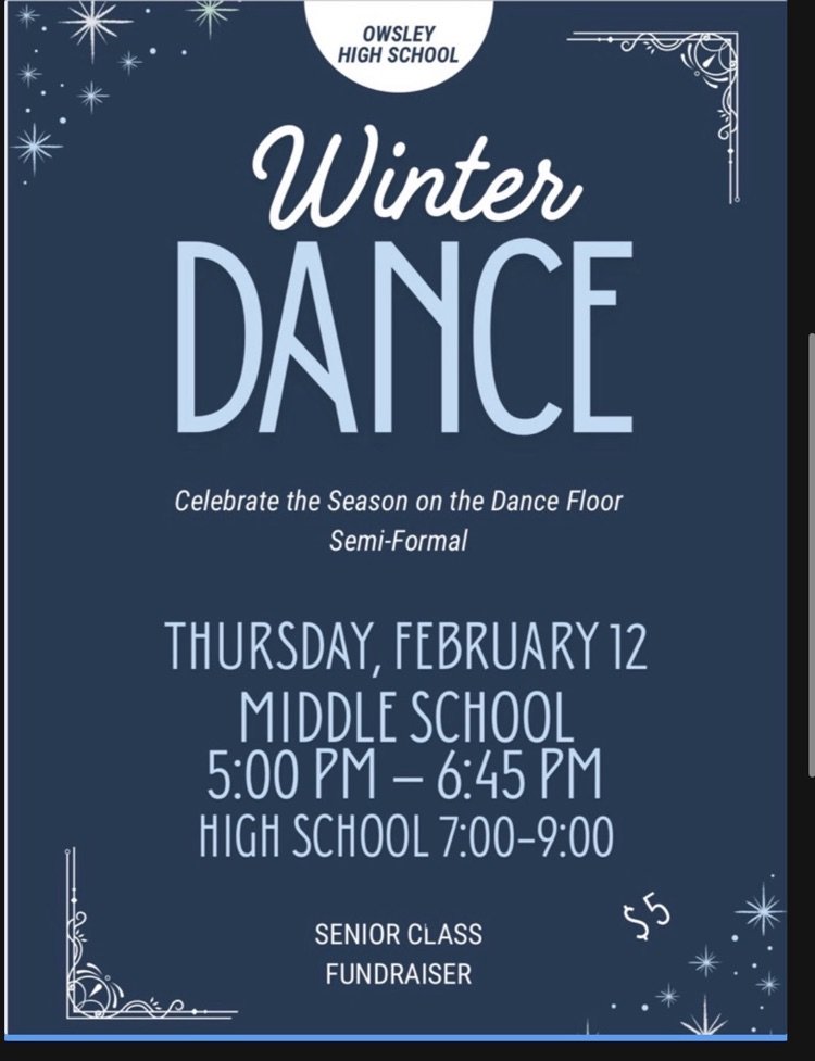 Just a reminder to our 6th-12th grade students of the Winter Dance later this week, sponsored by the Class of 2026!