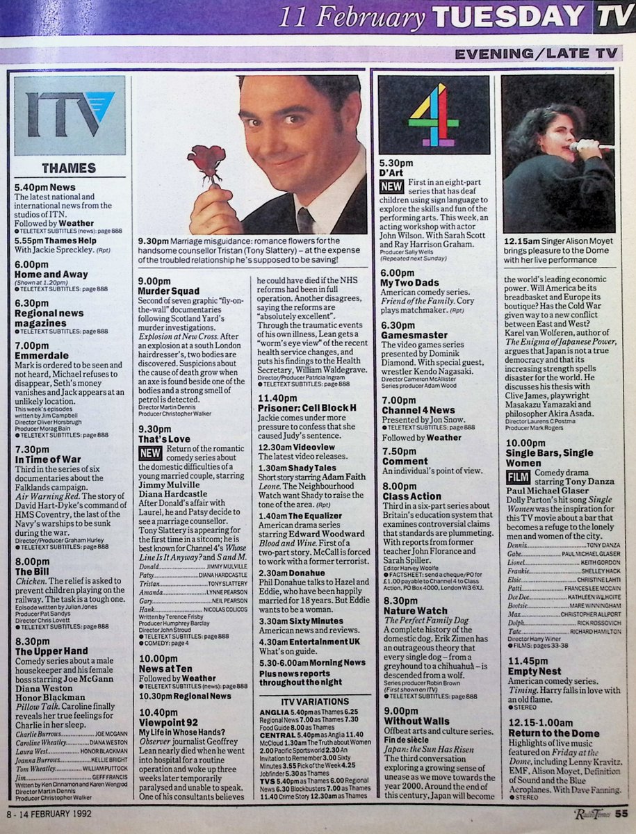 TvDidYouSee's tweet photo. #OnThisDay 11 February 1992 ๐บTV Listings
Poet #LeviTafari guest stars in #GrangeHill.
The last in the fourth series of #PressGang.
Seth's money vanishes in #Emmerdale.
#JimmyNail's SPENDER draws to a close.
#TonySlattery makes his sitcom debut in THAT'S LOVE. https://t.co/4g9srd9ndn